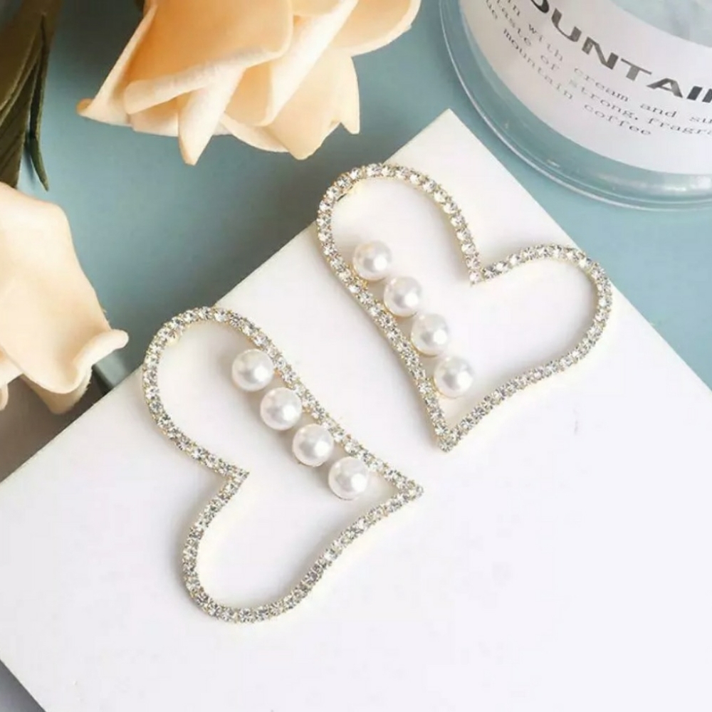 Pretty New Heart & Faux Pearl Rhinestone Earrings♡